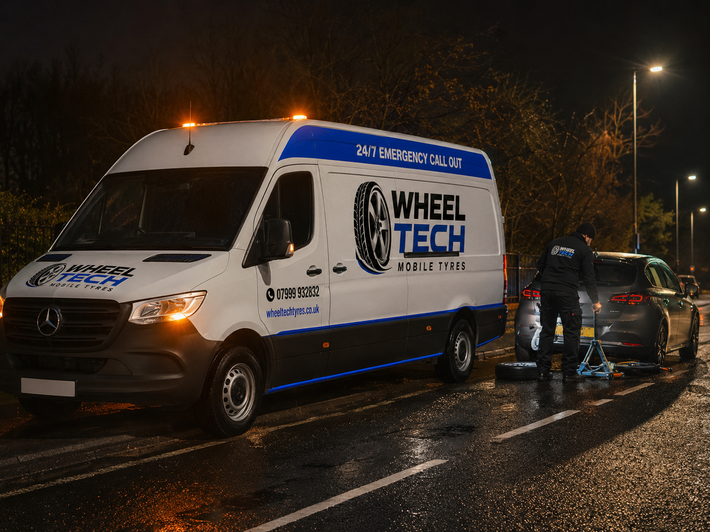 Wheel Tech emergency van attending a late-night roadside tyre callout
