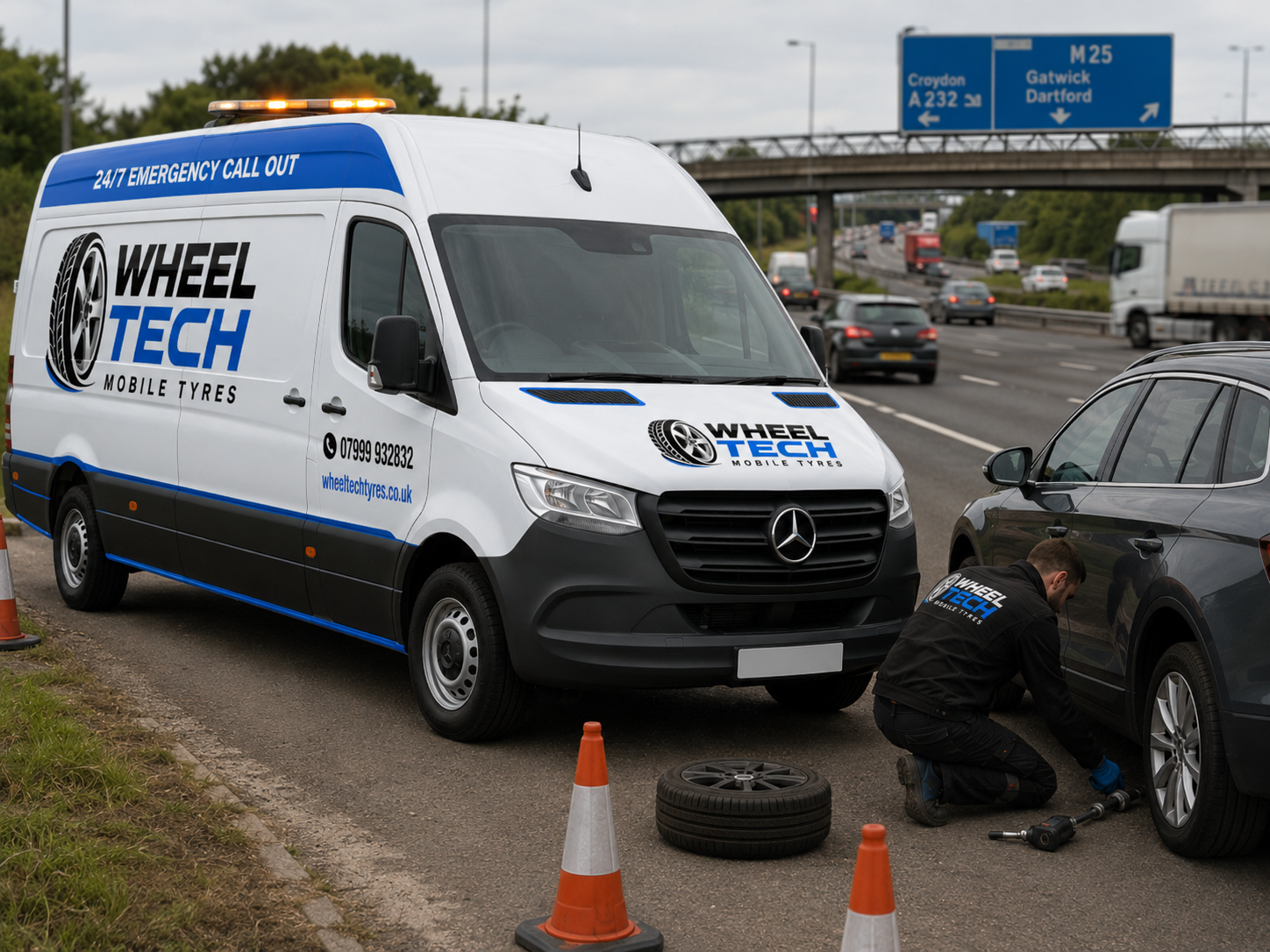 Wheel Tech van and engineer assisting a stranded driver beside the motorway